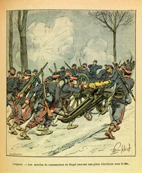 The Eastern Armee of Eugene Sergeant, kjent som Grenest, illustrert av Louis Bombled (1862-1927) (fransk-tyske krig; kampanje 1870-1871): Desember 1870, under slaget ved Longeau, reddet motivene til sjefen for Regel en kanon under fiendtlig gran