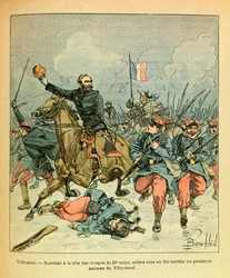 The Eastern Armee of Eugene Sergeant, kjent som Grenest, illustrert av Louis Bombled (1862-1927) (fransk-tyske krig; kampanje 1870-1871): Januar 1871 tok general Bourbaki i spissen for troppene til det 20. korps. under en forferdelig ild granene