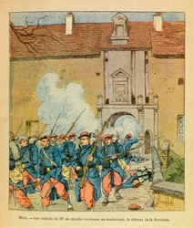 The Eastern Armee of Eugene Sergeant, kjent som Grenest, illustrert av Louis Bombled (1862-1927) (fransk-tyske krig; kampanje 1870 -1871): Battle of Night Saint Georges; soldatene til de 32, eme de marche evakuerer mens de kjemper mot slottet La Berc
