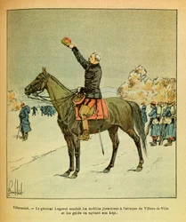 The Eastern Armee of Eugene Sergeant, kjent som Grenest, illustrert av Louis Bombled (1862-1927) (fransk-tyske krig; kampanje 1870 -1871): Slaget ved Villersexel, januar 1871, general Logerot ledet Jurassian-mobilen til angrepet av Villers La Ville an