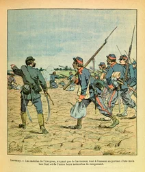 The Eastern Armee of Eugene Sergeant, kjent som Grenest, illustrert av Louis Bombled (1862-1927) (fransk-tyske krig; kampanje 1870 -1871): Slaget ved Lantenay i november 1870, Aveyron-mobiltelefonene uten havresaker går til fienden bærer deres ri