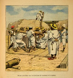 The War in Madagascar-Anecdotal History of the French Expeditions of 1885-1895 av Henri Galli dit Galllichet (1854-1922), illustrert av Louis Bombled (1862-1927): Hovas arbeider ved festningsverkene i hovedstaden i 1895, privat samling
