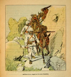 The War in Madagascar-Anecdotal History of the French Expeditions of 1885-1895 av Henri Galli dit Galllichet (1854-1922), illustrert av Louis Bombled (1862-1927): Mountain Artillery on the Andriba Road to Madagascar in 1895, Private Collection