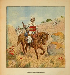 The War in Madagascar-Anecdotal History of the French Expeditions of 1885-1895 av Henri Galli dit Galllichet (1854-1922), illustrert av Louis Bombled (1862-1927): Hunter of Africa in speider in Madagaskar in 1895, Private Collection