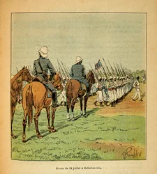 The War in Madagascar-Anecdotal History of the French Expeditions of 1885-1895 av Henri Galli dit Galllichet (1854-1922), illustrert av Louis Bombled (1862-1927): Revue des troupes 14. juli
