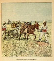 The War in Madagascar-Anecdotal History of the French Expeditions of 1885-1895 av Henri Galli dit Galllichet (1854-1922), illustrert av Louis Bombled (1862-1927): Hovas-kanoner brakt tilbake til den franske leiren, privat samling