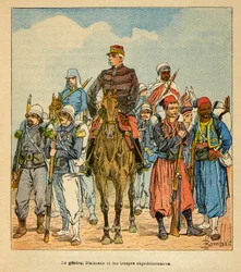 The War in Madagascar-Anecdotal History of the French Expeditions of 1885-1895 av Henri Galli dit Galllichet (1854-1922), illustrert av Louis Bombled (1862-1927): General Duchesne med ekspedisjonstroppene på Madagaskar, privat samling