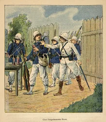 The War in Madagascar-Anecdotal History of the French Expeditions of 1885-1895 av Henri Galli dit Galllichet (1854-1922), illustrert av Louis Bombled (1862-1927): Franske tropper ved forgiftningsmannen Shaw i 1884 (engelsk metodistpastor som hadde forgifte