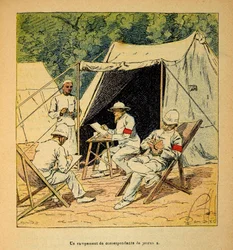 The War in Madagascar-Anecdotal History of the French Expeditions of 1885-1895 av Henri Galli dit Galllichet (1854-1922), illustrert av Louis Bombled (1862-1927): En leir av aviskorrespondenter på Madagaskar i 1895, privat samling