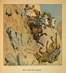 The War in Madagascar-Anecdotal History of the French Expeditions of 1885-1895 av Henri Galli dit Galllichet (1854-1922), illustrert av Louis Bombled (1862-1927): Muletter av en militærkonvoi som faller ned i et stup, spesiell samling