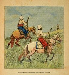 The War in Madagascar-Anecdotal History of the French Expeditions of 1885-1895 av Henri Galli dit Galllichet (1854-1922), illustrert av Louis Bombled (1862-1927): Anerkjennelse av gendarmer og jegere fra Afrika på Madagaskar i 1895, privat samling