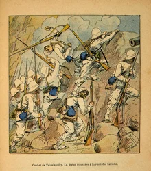 The War in Madagascar-Anecdotal History of the French Expeditions of 1885-1895 av Henri Galli dit Galllichet (1854-1922), illustrert av Louis Bombled (1862-1927): Slaget ved Tsinainondry, fremmedlegionen ved angrepet av Hovas-batteriene i 1895, Pr