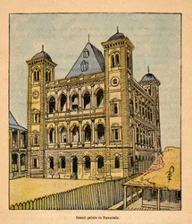 The War in Madagascar-Anecdotal History of the French Expeditions of 1885-1895 av Henri Galli dit Galllichet (1854-1922), illustrert av Louis Bombled (1862-1927): The Grand Palace of Queen Ranavalona III in Tananarive, Private Collection