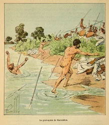 The War in Madagascar-Anecdotal History of the French Expeditions of 1885-1895 av Henri Galli dit Galllichet (1854-1922), illustrert av Louis Bombled (1862-1927): Sakalaves angriper franske forhandlere ved Marosakoa i 1895, privat samling