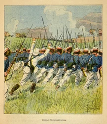 The War in Madagascar-Anecdotal History of the French Expeditions of 1885-1895 av Henri Galli dit Galllichet (1854-1922), illustrert av Louis Bombled (1862-1927): Franske tropper under Antanamitarana-slagene i 1895, Privat samling