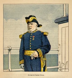 The War in Madagascar-Anecdotal History of the French Expeditions of 1885-1895 av Henri Galli dit Galllichet (1854-1922), illustrert av Louis Bombled (1862-1927): Portrait of Admiral Pierre (1827-1883), Privat samling