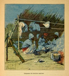 The War in Madagascar-Anecdotal History of the French Expeditions of 1885-1895 av Henri Galli dit Galllichet (1854-1922), illustrert av Louis Bombled (1862-1927): Camp of Algerians in Madagascar in 1895, Private Collection