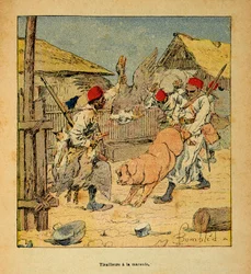 The War in Madagascar-Anecdotal History of the French Expeditions of 1885-1895 av Henri Galli dit Galllichet (1854-1922), illustrert av Louis Bombled (1862-1927): Plyndring av tirailleurs i gårder, privat samling