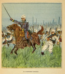 The War in Madagascar-Anecdotal History of the French Expeditions of 1885-1895 av Henri Galli dit Galllichet (1854-1922), illustrert av Louis Bombled (1862-1927): The Commander Lentonnet (1840-1896) med de franske troppene under forsvar av Tsarasaotra