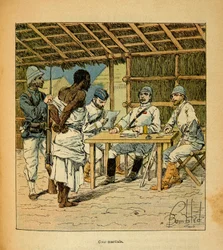 The War in Madagascar-Anecdotal History of the French Expeditions of 1885-1895 av Henri Galli dit Galllichet (1854-1922), illustrert av Louis Bombled (1862-1927): Avhør av en Hovas-fange av den franske, privat samling