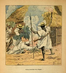 The War in Madagascar-Anecdotal History of the French Expeditions of 1885-1895 av Henri Galli dit Galllichet (1854-1922), illustrert av Louis Bombled (1862-1927): Hovas brennende landsbyer, privat samling