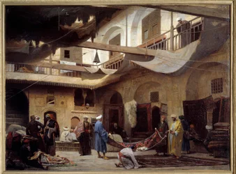 Teppebasaren i Khan al-Khalili i Kairo i 1866. Maleri av Louis Claude Mouchot (1830-1891)