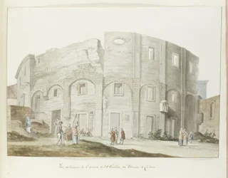 Buitenmuur van oude theater van Catanië Utvendig utsikt over det gamle lille teatret, eller Odeum i Catania (tittel på objekt) Reiser i Italia, Sicilia og Malta - 1778 (serietittel)