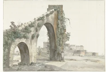 Utsikt over akvadukten i byen Taranto Utsikt over akvadukten og byen Taranto (tittel på objekt) Reiser i Italia, Sicilia og Malta - 1778 (serietittel)