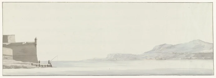 Oversikt over kysten av Calabria fra den ytterste punkten av vesting Messina Utsikt over kysten av Calabria tatt fra det ytre hjørnet av citadellet i Messina (tittel på objekt) Reiser i Italia, Sicilia og Malta - 1778 (serietittel)