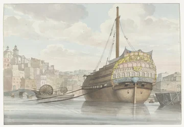 Gezicht op haven met galei schip vlakbij de werf Vue du fond du Port des Galères à Malthe, prise du chantier (title on object) Voyage en Italie, en Sicile et à Malte - 1778 (series title)   1387435   no       norwegian Successfully Translated  Original: [B