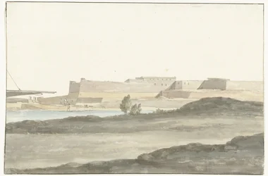 Utsikt over slottet i havnen i Barletta Vue du Château, qui domine le port de Barletta (tittel på objekt) Voyage en Italie, en Sicile et à Malte - 1778 (serietittel)