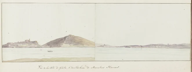 Utsikt over kysten ved Gaeta og mausoleet til Munatius Plancus (Lucio Munazio Planco). Reise i Italia, Sicilia og Malta - 1778 (serietittel)