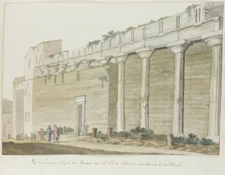 Utsikt over gamle Minerva-tempelet på eiland Syracuse Utsikt over det gamle Minerva-tempelet på øya Syracuse (tittel på objekt) Reiser i Italia, Sicilia og Malta - 1778 (serietittel)