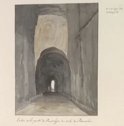 Ingang van grot Crypta Neapolitana (av Grotta di Posillipo) aan de kust van Pozzuoli Inngang til Pausilype-hulen nær Pozzuoli (tittel på objekt) Reiser i Italia, Sicilia og Malta - 1778 (serietittel)