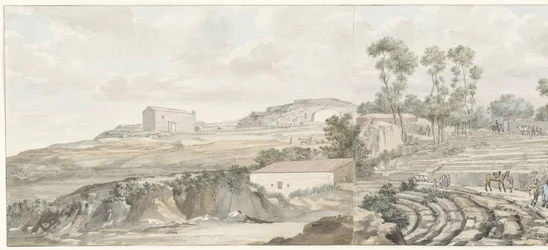 Interiør møtte trappen van-teateret i Syracuse Utsikt over interiøret og tribunen til Syracuse Theatre (tittel på objekt) Reiser i Italia, Sicilia og Malta - 1778 (serietittel)