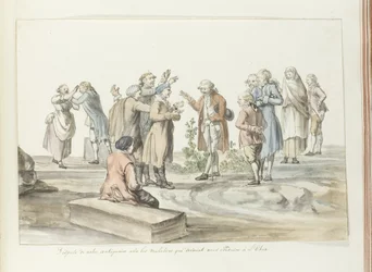 Forhandling mellom reiseleder og muldyrførere som de drar med til Etna Dispute de notre antiquaire avec les muletiers qui devaient nous conduire à L