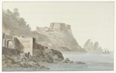 Burps i stad Scilla in de regio Calabrië aan de oostkust Rock & Town of Scilla i Calabria; utsikt tatt fra østsiden (tittel på objekt) Reiser i Italia, Sicilia og Malta - 1778 (serietittel)