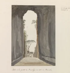 Uitgang van grot Crypta Neapolitana (av Grotta di Posillipo) langs kusten av Pozzuoli Avgang fra Pausilype-hulen nær Pozzuoli (tittel på objekt) Reiser i Italia, Sicilia og Malta - 1778 (serietittel)