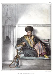 En gresk logoet av Livadie. i "" Reisen til Athen og Konstantinopel, eller samling av greske og osmanske portretter, utsikter og kostymer, malt på steder etter naturen, litografier og farger av Louis Dupre (1789-1837), elev av David.1825.