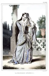 Prinsesse Helene Soutzo. i "" Reisen til Athen og Konstantinopel, eller samling av greske og ottomanske portretter, utsikter og kostymer, malt på steder av etter naturen, litografier og farger av Louis Dupre (1789-1837), elev av David.1825.