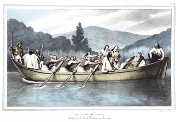Ali Pasha de Janina (1741-1822), på jakt ved Butrintosjøen i mars 1819. i "" Reisen til Athen og Konstantinopel, eller samling av greske og osmanske portretter, utsikter og kostymer, malt på steder etter naturen, litografier og farger av Louis Dupre