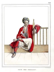 Ung gresk tessalier. i "" Reisen til Athen og Konstantinopel, eller samling av greske og osmanske portretter, utsikter og kostymer, malt på steder etter naturen, litografier og fargetoner av Louis Dupre (1789-1837), elev av David.1825.