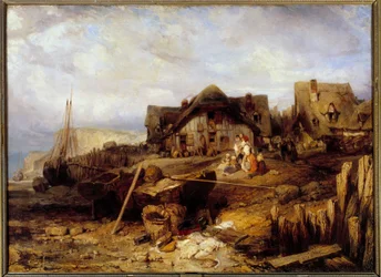 Beach a low maree Maleri av Louis Gabriel Eugene Isabey (1803-1886) 1800-tallet Søn. 0,27x0,4m.