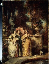 ""La promenade"" (Sturen) Tre unge jenter fra en god familie i en park. Maleri av Louis Gabriel Eugene Isabey (1803-1886) 1852 Pushkin-museet, Moskva