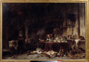 Alkymistens verksted Det er fylt med ampuller, ampuller, stillbilder. maleri av Louis Gabriel Eugene Isabey (1803-1886) 1848 Søn. 0,66x0,99 m Lille musee des beaux arts.