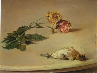 Død fugl og to roser på en bordplate
