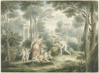 Arkadisk landskap med Athena som kroner en gammel mann og Venus og Adonis