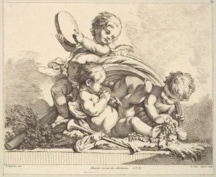 Tre amoriner, to spiller musikk, en holder palmeblader.