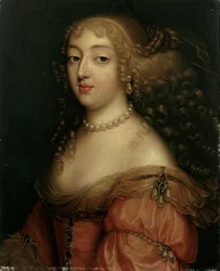 Portrait of a Lady, sies å være Laura Mancini, Duchesse de Mercoeur, bystelengde, i en rød kjole, med perlekjede og øredobber