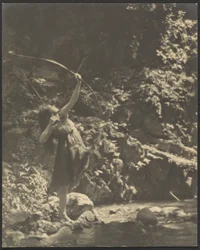 [Kvinnelig bueskytter i skogen]